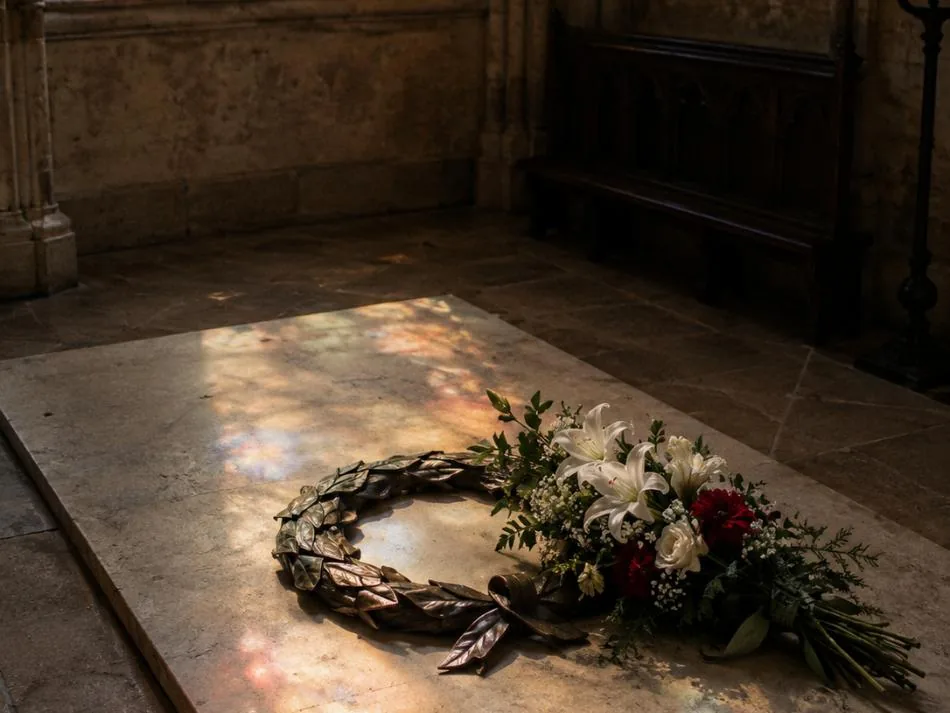 The carved tomb slab of Leonardo da Vinci inside the Saint-Hubert chapel
